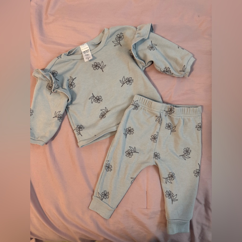Light Blue Baby Two-Piece Floral Waffle Set